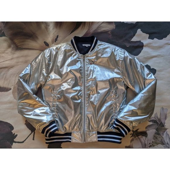🚀 Rockets Of Awesome Metallic Silver Bomber Jacket Navy Blue White Stripes (L) - Picture 4 of 7